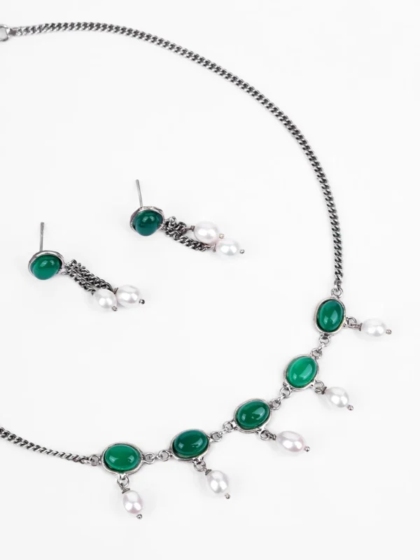White Pearl Tear Drop Beaded and Faux Emerald Studded Oxidized Silver Necklace Set